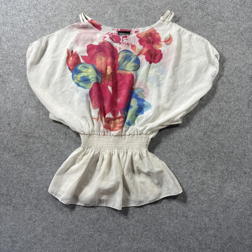 Cotton Express Womens Floral Smocked Waist Top Large White Pink Orchid Print